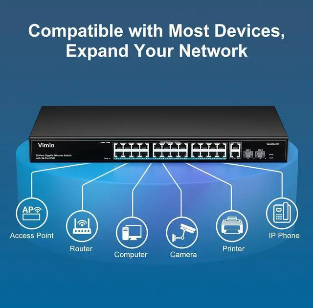 Alt view image 3 of 7 - 24 Port Gigabit PoE Switch with 2 Uplink Gigabit & 2 SFP Ports, 24-Port Ethernet PoE Switch Unmanaged w/ 320W High Power, Support IEEE802.3af/at, VLAN, Rack-Mount, Sturdy Metal Housing