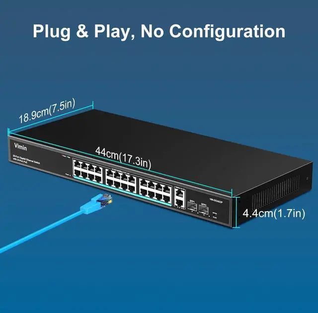 Alt view image 5 of 7 - 24 Port Gigabit PoE Switch with 2 Uplink Gigabit & 2 SFP Ports, 24-Port Ethernet PoE Switch Unmanaged w/ 320W High Power, Support IEEE802.3af/at, VLAN, Rack-Mount, Sturdy Metal Housing