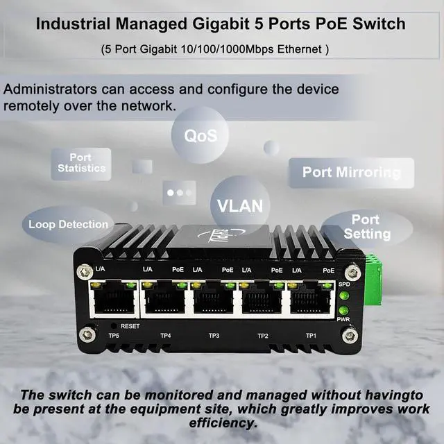 Alt view image 2 of 7 - Industrial 5 Ports Managed Gigabit Ethernet PoE Switch Web Management Switch Din Rail Small Smart Network Switch IEEE802.3at 30W@120W, Support QoS, VLAN 12-48V DC