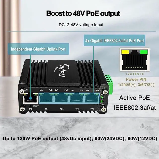 Alt view image 4 of 7 - Industrial 5 Ports Managed Gigabit Ethernet PoE Switch Web Management Switch Din Rail Small Smart Network Switch IEEE802.3at 30W@120W, Support QoS, VLAN 12-48V DC
