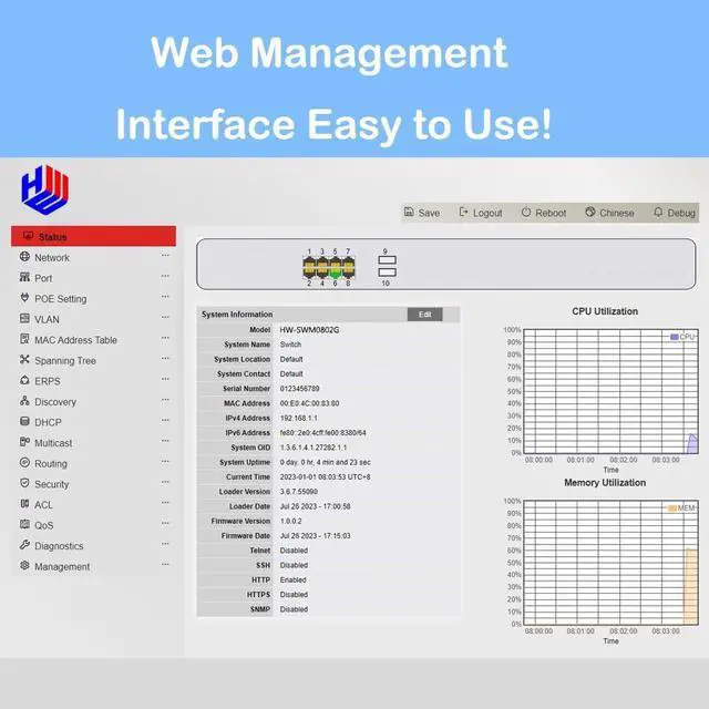 Alt view image 4 of 6 - 10 Port L2 Managed Gigabit PoE Ethernet Switch Layer 2 Managed 8 RJ45 Ethernet PoE+ Switch with 2 SFP Slots IEEE802.3af/at Network Switch Supports IGMP QoS VLAN DHCP