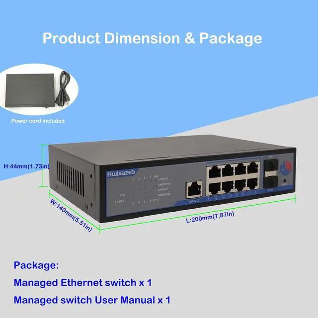 Alt view image 6 of 6 - 10 Port L2 Managed Gigabit PoE Ethernet Switch Layer 2 Managed 8 RJ45 Ethernet PoE+ Switch with 2 SFP Slots IEEE802.3af/at Network Switch Supports IGMP QoS VLAN DHCP