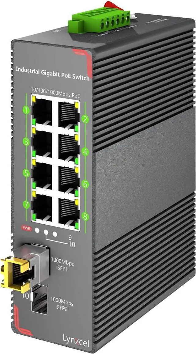 Main image of 8-Port PoE Gigabit Industrial Ethernet Switch, 96W PoE Budget 48-57V Output, 2 x SFP Gigabit Slots with One 1000Base-T Module, Unmanaged Hardened Din Rail PoE Switch, with Power Supply