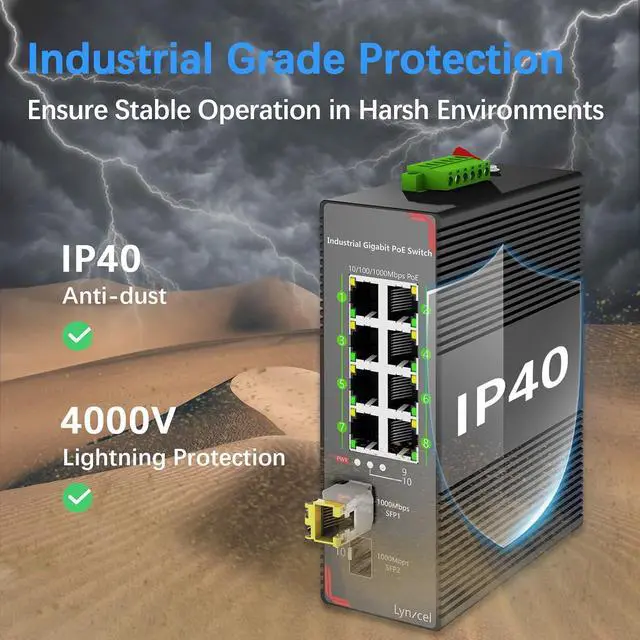 Alt view image 6 of 7 - 8-Port PoE Gigabit Industrial Ethernet Switch, 96W PoE Budget 48-57V Output, 2 x SFP Gigabit Slots with One 1000Base-T Module, Unmanaged Hardened Din Rail PoE Switch, with Power Supply