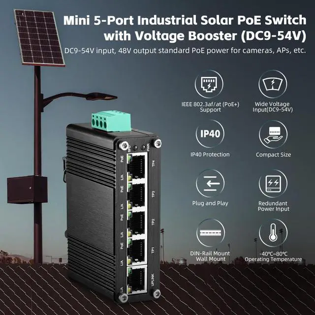 Alt view image 2 of 7 - Binardat Industrial Mini 5 Port Gigabit Solar POE Switch,Input DC9V-54V to DC48V Voltage Booster, IEEE802.3af/at POE, Din Rail Wallmount Unmanaged Fanless IP40 Switch
