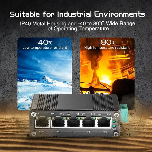 Alt view image 6 of 7 - Binardat Industrial Mini 5 Port Gigabit Solar POE Switch,Input DC9V-54V to DC48V Voltage Booster, IEEE802.3af/at POE, Din Rail Wallmount Unmanaged Fanless IP40 Switch