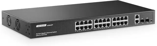Main image of YuLinca 24 Port Full Gigabit PoE Switch with 2 GE Uplink, 2 Gigabit SFP, IEEE802.3af/at Max 400W, Unmanaged Rackmount Switch with VLAN and AI Watchdog