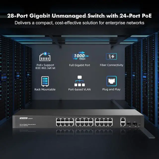 Alt view image 2 of 7 - YuLinca 24 Port Full Gigabit PoE Switch with 2 GE Uplink, 2 Gigabit SFP, IEEE802.3af/at Max 400W, Unmanaged Rackmount Switch with VLAN and AI Watchdog