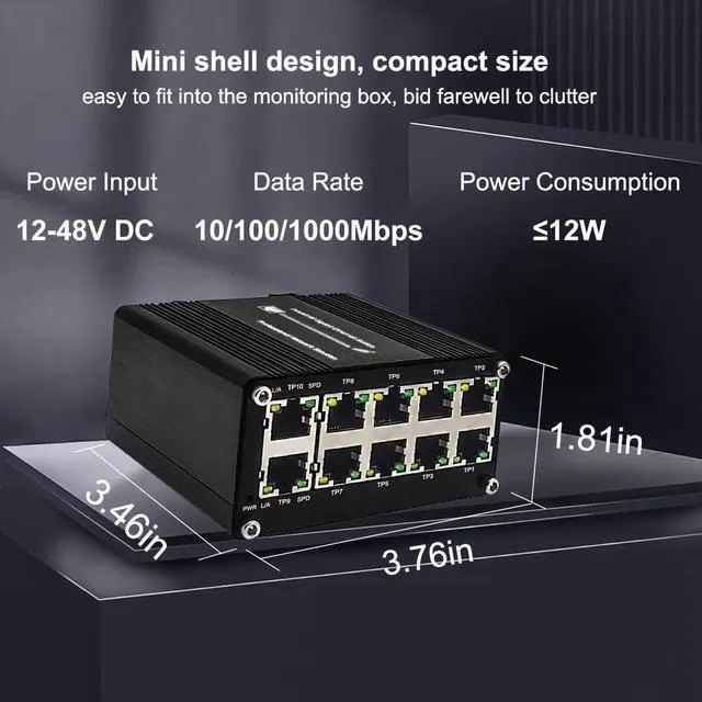 Alt view image 2 of 7 - 10-Port Gigabit Industrial Ethernet SwitchGrade Unmanaged Network Hub with Din-Rail or Wall Mount, Full Duplex Desktop,Fast Connection,Plug and Play, Rugged Metal Case, Wide Temperature Range