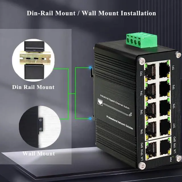 Alt view image 4 of 7 - 10-Port Gigabit Industrial Ethernet SwitchGrade Unmanaged Network Hub with Din-Rail or Wall Mount, Full Duplex Desktop,Fast Connection,Plug and Play, Rugged Metal Case, Wide Temperature Range