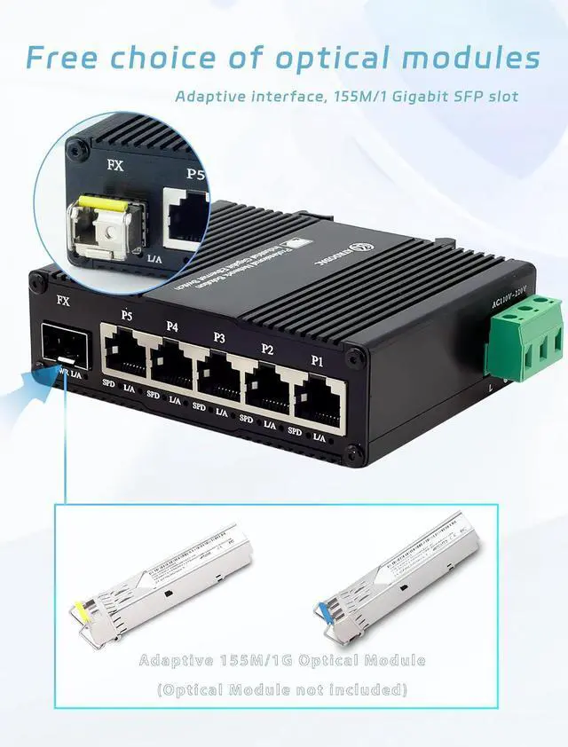 Alt view image 3 of 7 - Mini AC Power Supply 5 Port Gigabit Switch with SFP Slot Din Rail Fanless Industrial Unmanaged Ethernet Switch 5*1000Mbps RJ45 Port +1G SFP Fiber Port Support Network Switch AC 85~250V Input