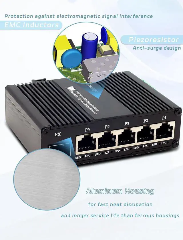 Alt view image 4 of 7 - Mini AC Power Supply 5 Port Gigabit Switch with SFP Slot Din Rail Fanless Industrial Unmanaged Ethernet Switch 5*1000Mbps RJ45 Port +1G SFP Fiber Port Support Network Switch AC 85~250V Input