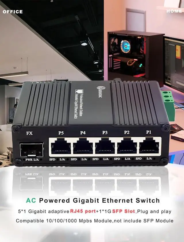 Alt view image 7 of 7 - Mini AC Power Supply 5 Port Gigabit Switch with SFP Slot Din Rail Fanless Industrial Unmanaged Ethernet Switch 5*1000Mbps RJ45 Port +1G SFP Fiber Port Support Network Switch AC 85~250V Input