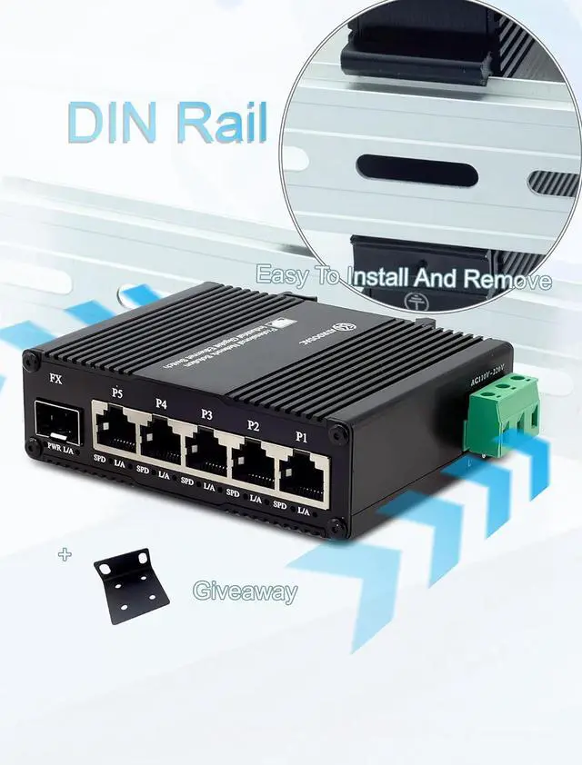 Alt view image 6 of 7 - Mini AC Power Supply 5 Port Gigabit Switch with SFP Slot Din Rail Fanless Industrial Unmanaged Ethernet Switch 5*1000Mbps RJ45 Port +1G SFP Fiber Port Support Network Switch AC 85~250V Input
