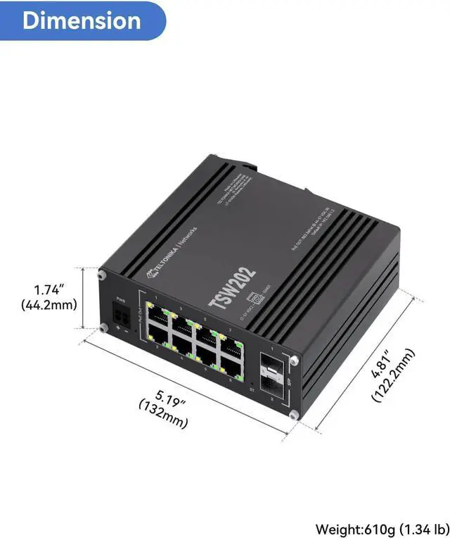 Alt view image 7 of 7 - Teltonika TSW202 8 Ports Industrial L2+ Managed PoE Switch, 2 SFP Uplinks, Supports ProfiNET, EtherNet/IP, MRP, for Industrial Automation, IP Surveillance, and Networking