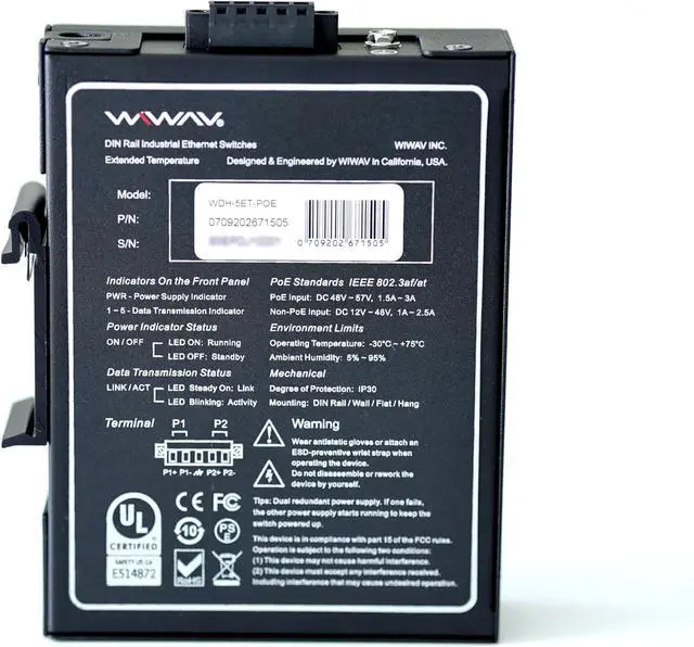 Alt view image 4 of 7 - WIWAV WDH-5ET-POE 10/100Mbps Unmanaged 5-Port PoE Industrial Ethernet Switches with DIN Rail/Wall-Mount (UL Listed,Fanless,-30~75)