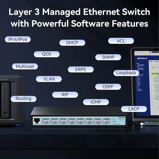 Alt view image 5 of 7 - 8 Port 10G L3 Managed Switch, 8X10G SFP+ Interface, Link Aggregation/QoS/VLAN/IGMP, Wall Mounted Fanless 10Gb SFP Network SwitchSFPPorts Only,Transceiver is NOT Included