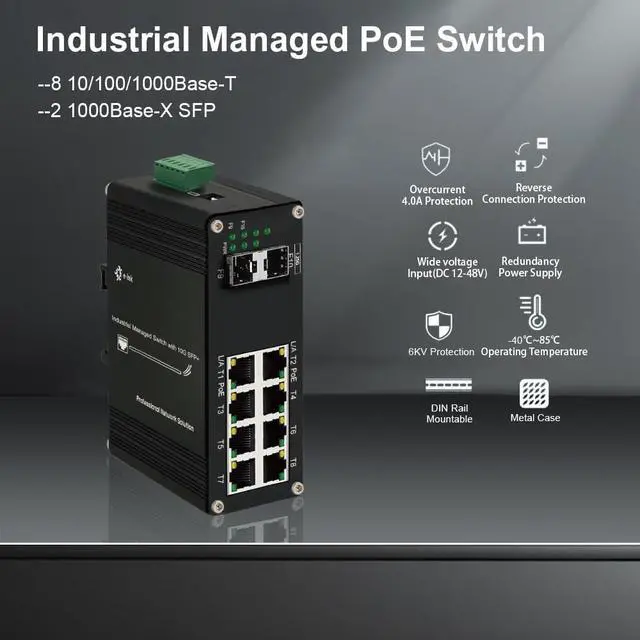 Alt view image 4 of 7 - Industrial Gigabit Managed PoE Switch - 8 Ports 10/100/1000Mbps Web Management DIN Rail PoE Switch with 2 SFP Slots, Network PoE Switch Support Ring Network, VLAN, STP/RSTP