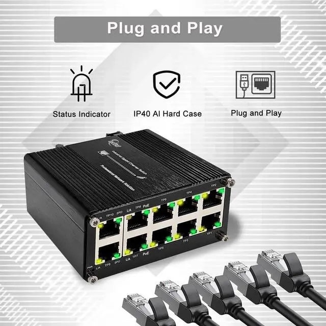 Alt view image 4 of 6 - Industrial Gigabit 10-Port 802.3at PoE Switch, 20Gbps Ethernet Switch Supporting DIN-Rail, 48~57VDC Input