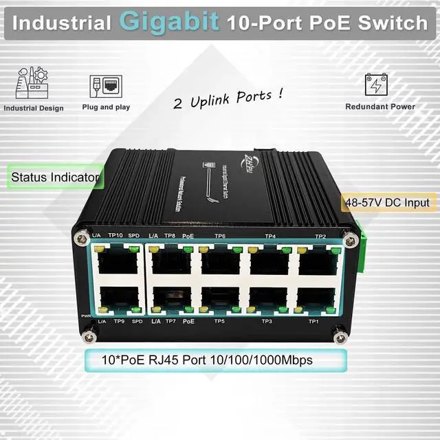 Alt view image 2 of 6 - Industrial Gigabit 10-Port 802.3at PoE Switch, 20Gbps Ethernet Switch Supporting DIN-Rail, 48~57VDC Input