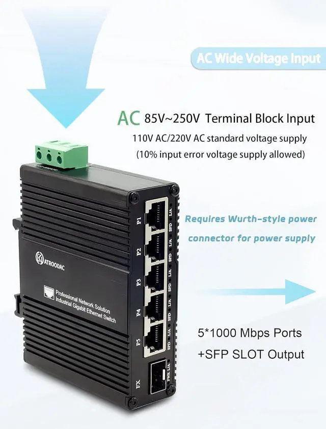 Alt view image 2 of 7 - Mini AC Power Supply 5 Port Gigabit Switch with SFP Slot Din Rail Fanless Industrial Unmanaged Ethernet Switch 5*1000Mbps RJ45 Port +1G SFP Fiber Port Support Network Switch AC 85~250V Input