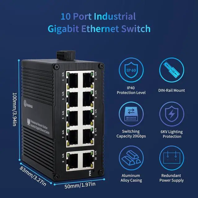Alt view image 2 of 7 - 10-Port Gigabit Mini Unmanaged Ethernet Switch, 8 RJ45 Ports + 2 Gigabit Uplink Ports, Compatible with 10/100/1000Mbps, Din-Rail or Wall Mount, 20Gbps Backplane Bandwidth Traffic Optimization