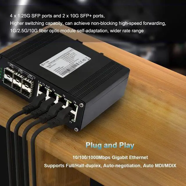 Alt view image 3 of 7 - Industrial 14-Port PoE Switch - 4x 1G SFP, 2x 10G SFP+, 8x RJ45 10/100/1000Mbps PoE, DIN Rail Mount