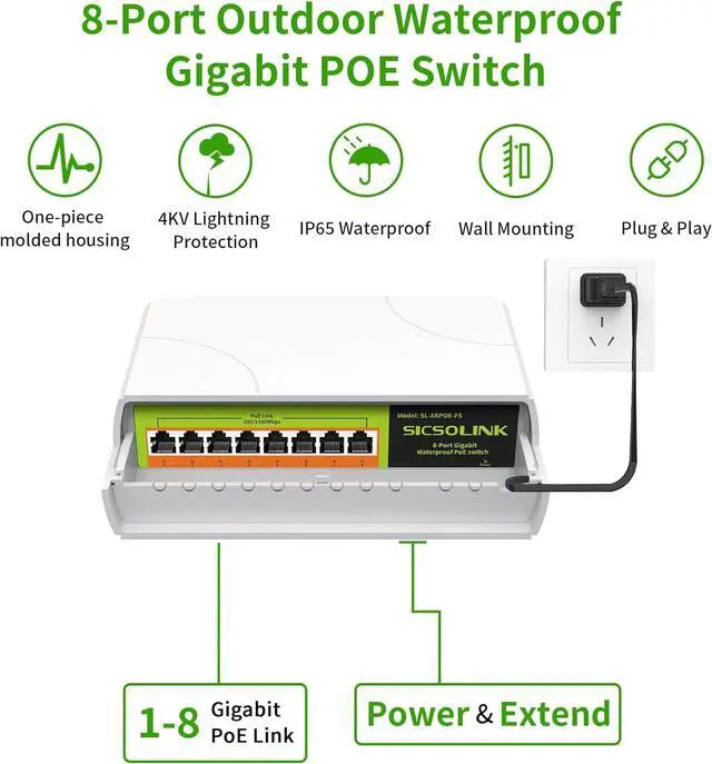Alt view image 2 of 7 - Gigabit POE Switch Waterproof 8 Port,Power Over Ethernet Total 120w, 1000Mbps, Compliant with IEEE802.3af/at, Outdoor POE+ Network Switch Plug & Play Unmanaged (8 gigabit poe Ports)