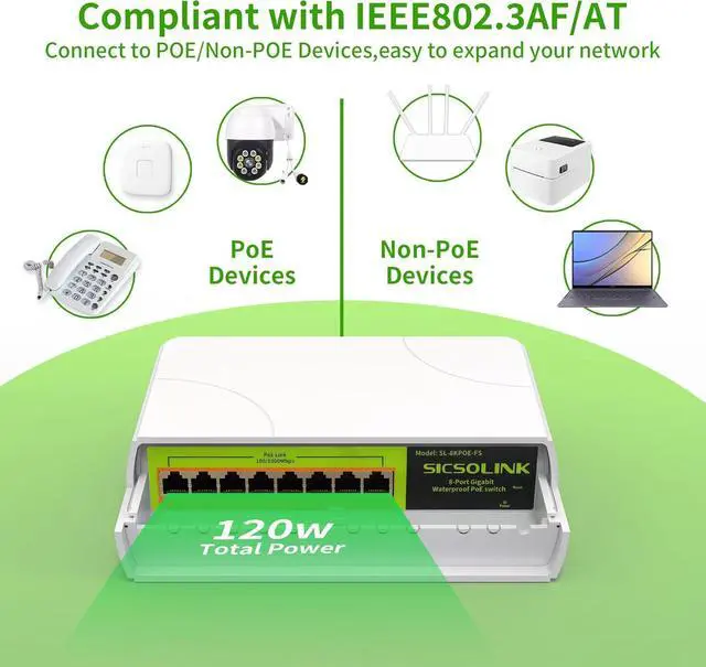 Alt view image 3 of 7 - Gigabit POE Switch Waterproof 8 Port,Power Over Ethernet Total 120w, 1000Mbps, Compliant with IEEE802.3af/at, Outdoor POE+ Network Switch Plug & Play Unmanaged (8 gigabit poe Ports)