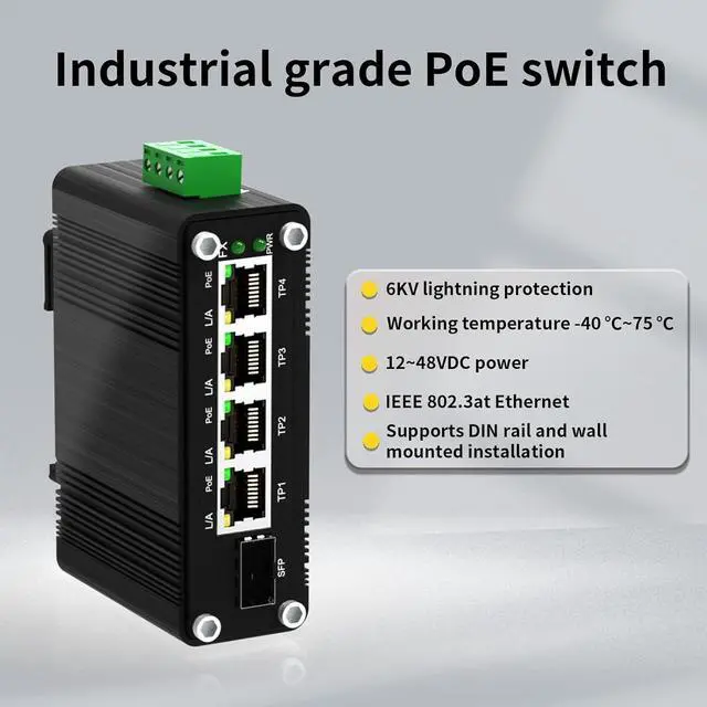 Alt view image 2 of 7 - 4 Ports PoE Gigabit Industrial Ethernet Switch PoE+ Fiber Switch with 100/1000M SFP IEEE 802.3at PoE Supporting Din-Rail 12~48V DC Input