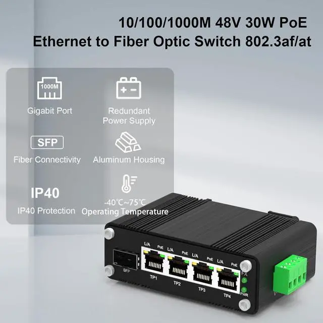 Alt view image 3 of 7 - 4 Ports PoE Gigabit Industrial Ethernet Switch PoE+ Fiber Switch with 100/1000M SFP IEEE 802.3at PoE Supporting Din-Rail 12~48V DC Input