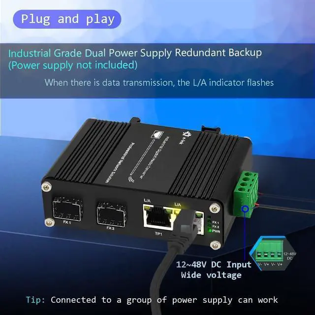 Alt view image 4 of 7 - Mini Industrial 2 Ports Gigabit Media Converter Outdoor Din Rail Mount Hardened 10/100/1000Mbps Ethernet to SFP Fiber Converter Fiber Ethernet Switch with 2 RJ45 Port and 2 SFP Port