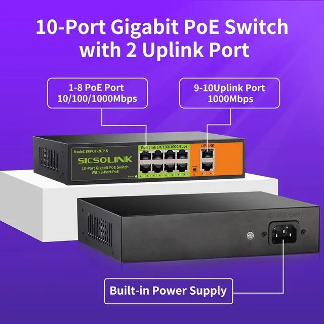 Alt view image 3 of 7 - Gigabit Ethernet Network PoE Switch, 8 PoE Ports @120W with 2 Uplink Ports, Support 802.3af/at, Unmanaged, VLAN, for PoE Security Camera, AP (10 Gigabit Ports I 8*PoE+ 2*Uplink)