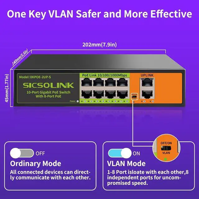 Alt view image 7 of 7 - Gigabit Ethernet Network PoE Switch, 8 PoE Ports @120W with 2 Uplink Ports, Support 802.3af/at, Unmanaged, VLAN, for PoE Security Camera, AP (10 Gigabit Ports I 8*PoE+ 2*Uplink)