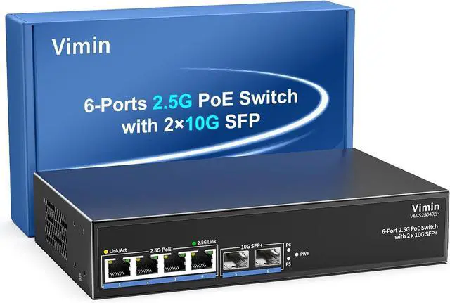 Main image of 6-Port 2.5G PoE Switch Unmanaged, 4X 2.5GBase-T PoE Ports, 2X 10Gbps SFP, 4 Port PoE Switch 60Gbps Switching Capacity, Support IEEE802.3af/at, Metal Housing, Fanless, Desktop/Wall Mount 2.5Gbe Switch