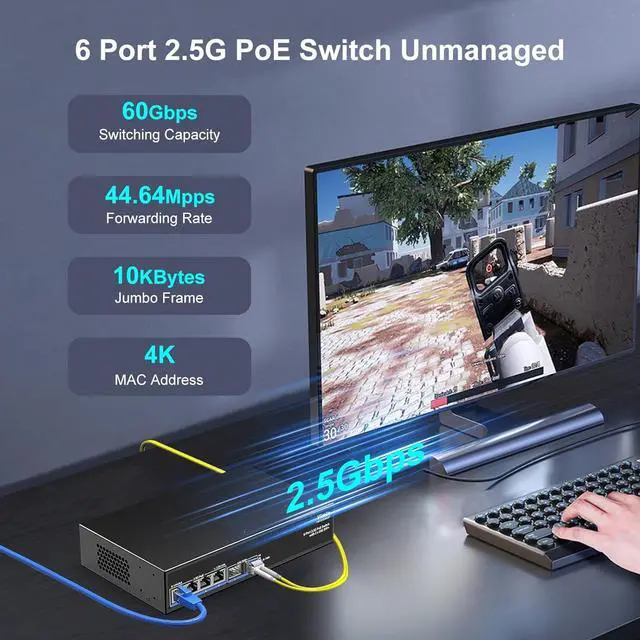 Alt view image 2 of 7 - 6-Port 2.5G PoE Switch Unmanaged, 4X 2.5GBase-T PoE Ports, 2X 10Gbps SFP, 4 Port PoE Switch 60Gbps Switching Capacity, Support IEEE802.3af/at, Metal Housing, Fanless, Desktop/Wall Mount 2.5Gbe Switch
