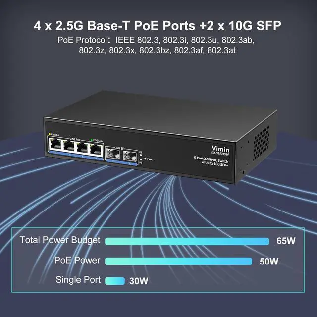 Alt view image 3 of 7 - 6-Port 2.5G PoE Switch Unmanaged, 4X 2.5GBase-T PoE Ports, 2X 10Gbps SFP, 4 Port PoE Switch 60Gbps Switching Capacity, Support IEEE802.3af/at, Metal Housing, Fanless, Desktop/Wall Mount 2.5Gbe Switch