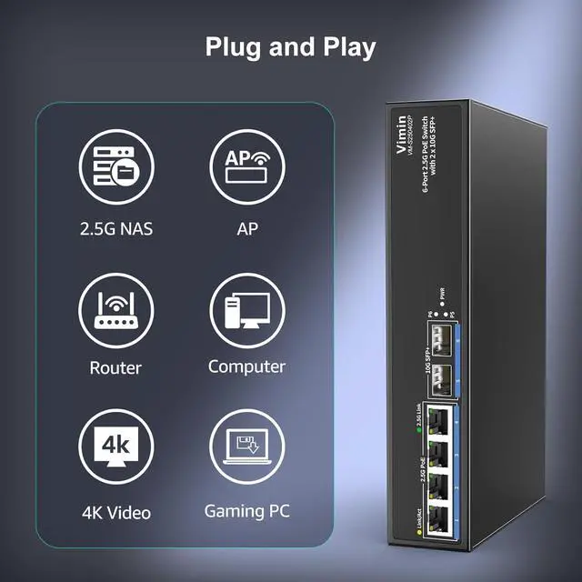 Alt view image 4 of 7 - 6-Port 2.5G PoE Switch Unmanaged, 4X 2.5GBase-T PoE Ports, 2X 10Gbps SFP, 4 Port PoE Switch 60Gbps Switching Capacity, Support IEEE802.3af/at, Metal Housing, Fanless, Desktop/Wall Mount 2.5Gbe Switch