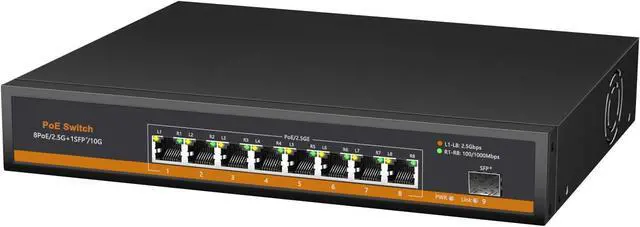 Main image of 8 Ports 2.5G PoE Switch with 10G SFP+ Slot IEEE802.3af/at 30W Up to 120W 10/100/1000M/2.5G Desktop Ethernet Switch Unmanaged Network Fiber Switch 110-240V AC