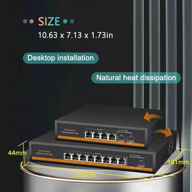 Alt view image 3 of 7 - 8 Ports 2.5G PoE Switch with 10G SFP+ Slot IEEE802.3af/at 30W Up to 120W 10/100/1000M/2.5G Desktop Ethernet Switch Unmanaged Network Fiber Switch 110-240V AC
