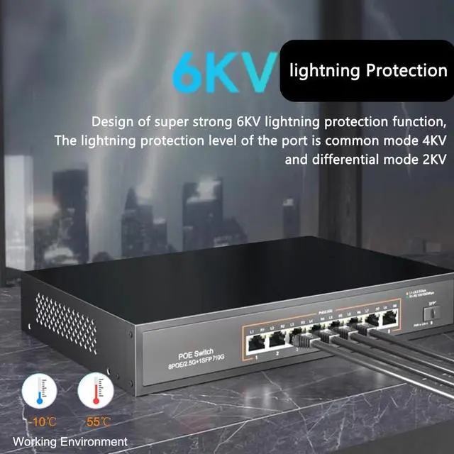 Alt view image 6 of 7 - 8 Ports 2.5G PoE Switch with 10G SFP+ Slot IEEE802.3af/at 30W Up to 120W 10/100/1000M/2.5G Desktop Ethernet Switch Unmanaged Network Fiber Switch 110-240V AC