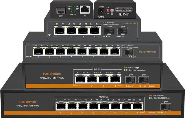 Alt view image 7 of 7 - 8 Ports 2.5G PoE Switch with 10G SFP+ Slot IEEE802.3af/at 30W Up to 120W 10/100/1000M/2.5G Desktop Ethernet Switch Unmanaged Network Fiber Switch 110-240V AC