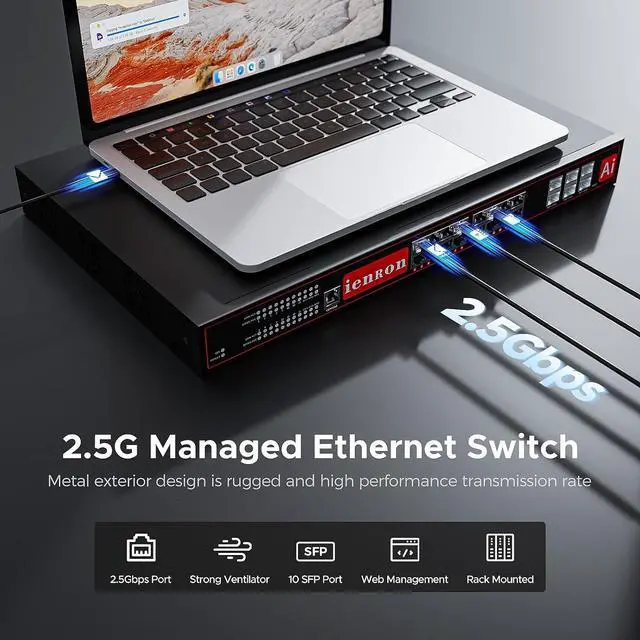 Alt view image 2 of 7 - 16 Port 2.5G Managed Layer 3 Switch with 6 Ports 10G SFP+, 16 x 2.5 Gigabit Ports, 6 x 10 Gigabit SFP+ Switch, Ethernet Switch, Smart Switch, Flexible DHCP/VLAN/MAC/ACL/QoS/SNMP V1/V2/V3/IGMP