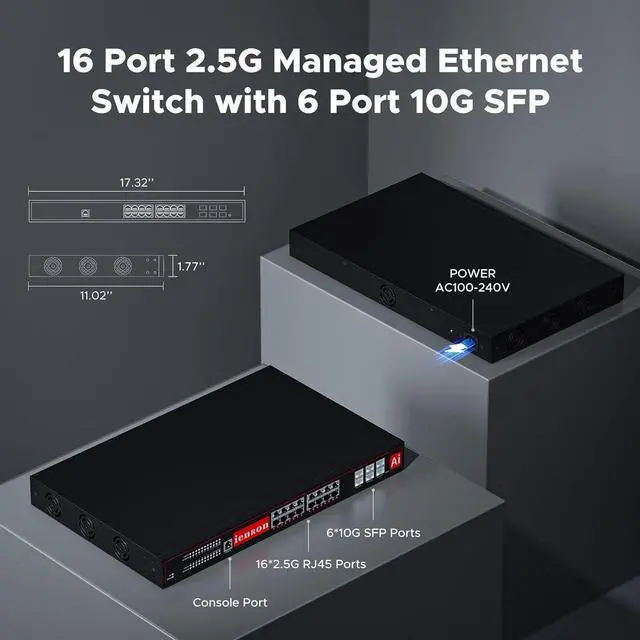 Alt view image 3 of 7 - 16 Port 2.5G Managed Layer 3 Switch with 6 Ports 10G SFP+, 16 x 2.5 Gigabit Ports, 6 x 10 Gigabit SFP+ Switch, Ethernet Switch, Smart Switch, Flexible DHCP/VLAN/MAC/ACL/QoS/SNMP V1/V2/V3/IGMP