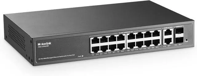 Main image of MokerLink 20 Port PoE Managed Switch - 16x100/1000Mbps PoE+ Port, 2 Gigabit Uplink, 2 SFP, IEEE802.3af/at, 250W Power Supply, L2 Smart Web Managed, RackMount Metal Ethernet Switch