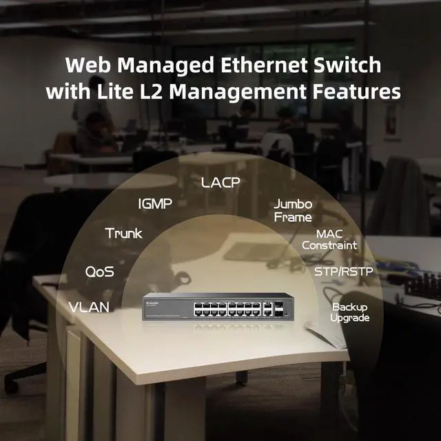 Alt view image 4 of 7 - MokerLink 20 Port PoE Managed Switch - 16x100/1000Mbps PoE+ Port, 2 Gigabit Uplink, 2 SFP, IEEE802.3af/at, 250W Power Supply, L2 Smart Web Managed, RackMount Metal Ethernet Switch