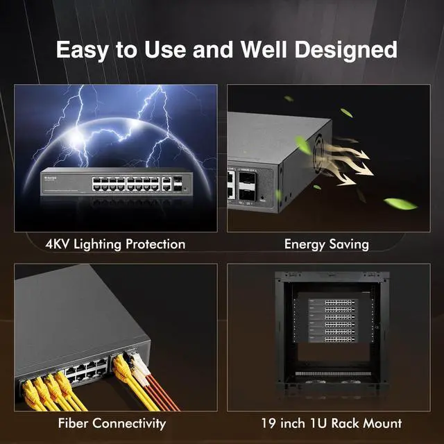Alt view image 6 of 7 - MokerLink 20 Port PoE Managed Switch - 16x100/1000Mbps PoE+ Port, 2 Gigabit Uplink, 2 SFP, IEEE802.3af/at, 250W Power Supply, L2 Smart Web Managed, RackMount Metal Ethernet Switch
