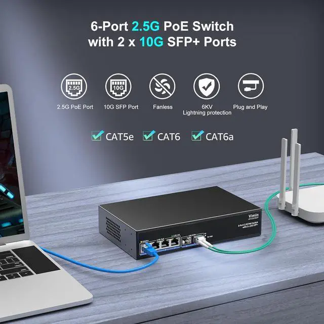 Alt view image 5 of 7 - 6-Port 2.5G PoE Switch Unmanaged, 4X 2.5GBase-T PoE Ports, 2X 10Gbps SFP, 4 Port PoE Switch 60Gbps Switching Capacity, Support IEEE802.3af/at, Metal Housing, Fanless, Desktop/Wall Mount 2.5Gbe Switch