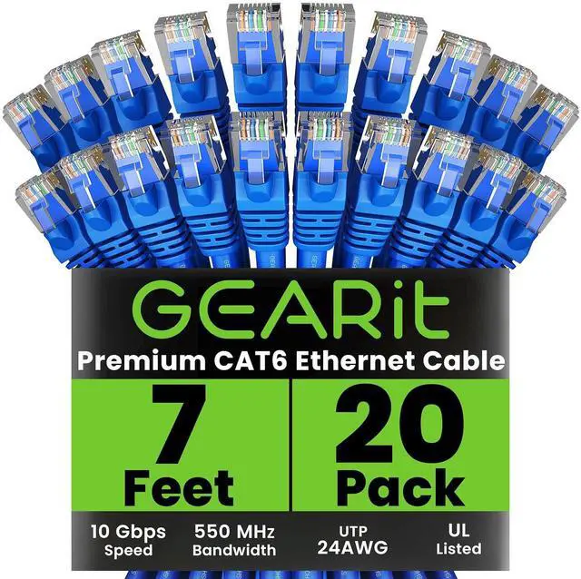 Main image of GEARit Cat 6 Ethernet Cable (20-Pack 7 Feet) Cat6 Network Patch, 10Gbps, RJ45, Snagless Cord, Gold-Plated Connectors, Internet for PC, TV, Tablet, Router, Printer, Servers, IT Data Center - Blue