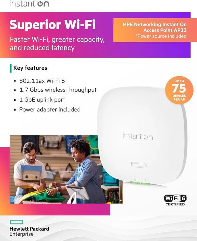 Alt view image 3 of 7 - HPE Networking Instant On Access Point AP22 2x2 WiFi 6 Indoor Wireless Access Point | Long Range, Secure, Smart Mesh Support | Power Source Included | US Model (R6M49A)